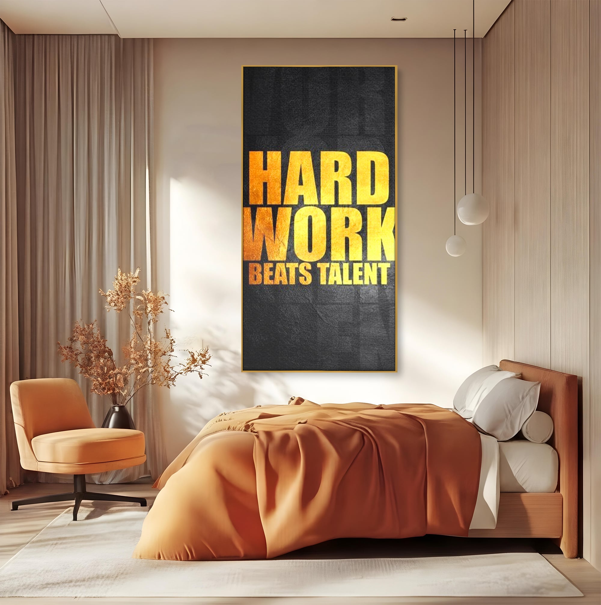 Tablou canvas cu tablou motivational cu mesaj aurit, in rama de aluminiu auriu, pe perete intr-un dormitor